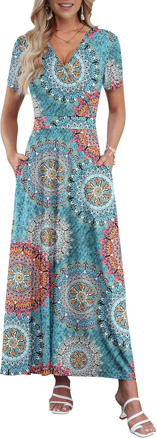 AUSELILY Maxi Dresses for Women Ankle Length Floral Print Beach Long Flowy Dress with Pockets