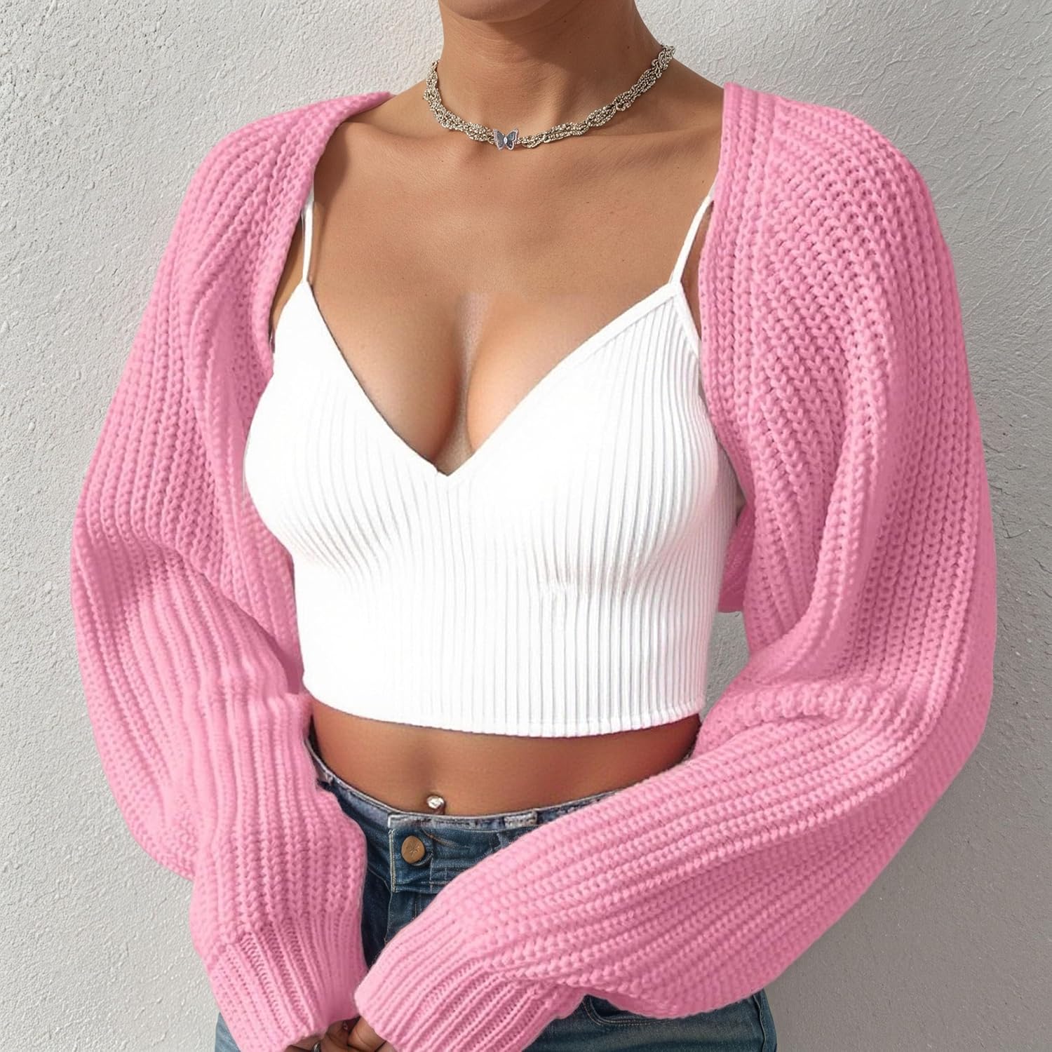 Women Open Front Ribbed Knit Crop Bolero Drop Shoulder Long Sleeve Solid Loose Fit Knitted Crop Cardigan Shrug