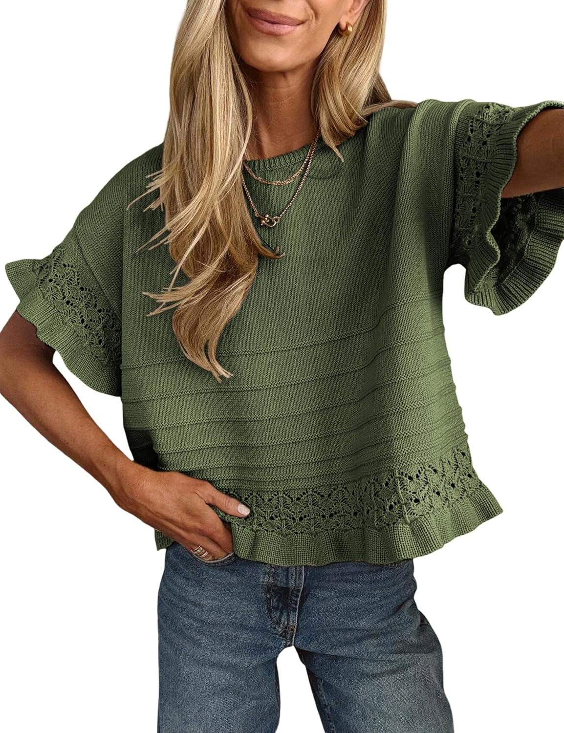 Yeokou Womens Short Sleeve Sweater Round Neck Ruffled Hem Knit Crochet Pullover Summer Fall Casual Top Blouse