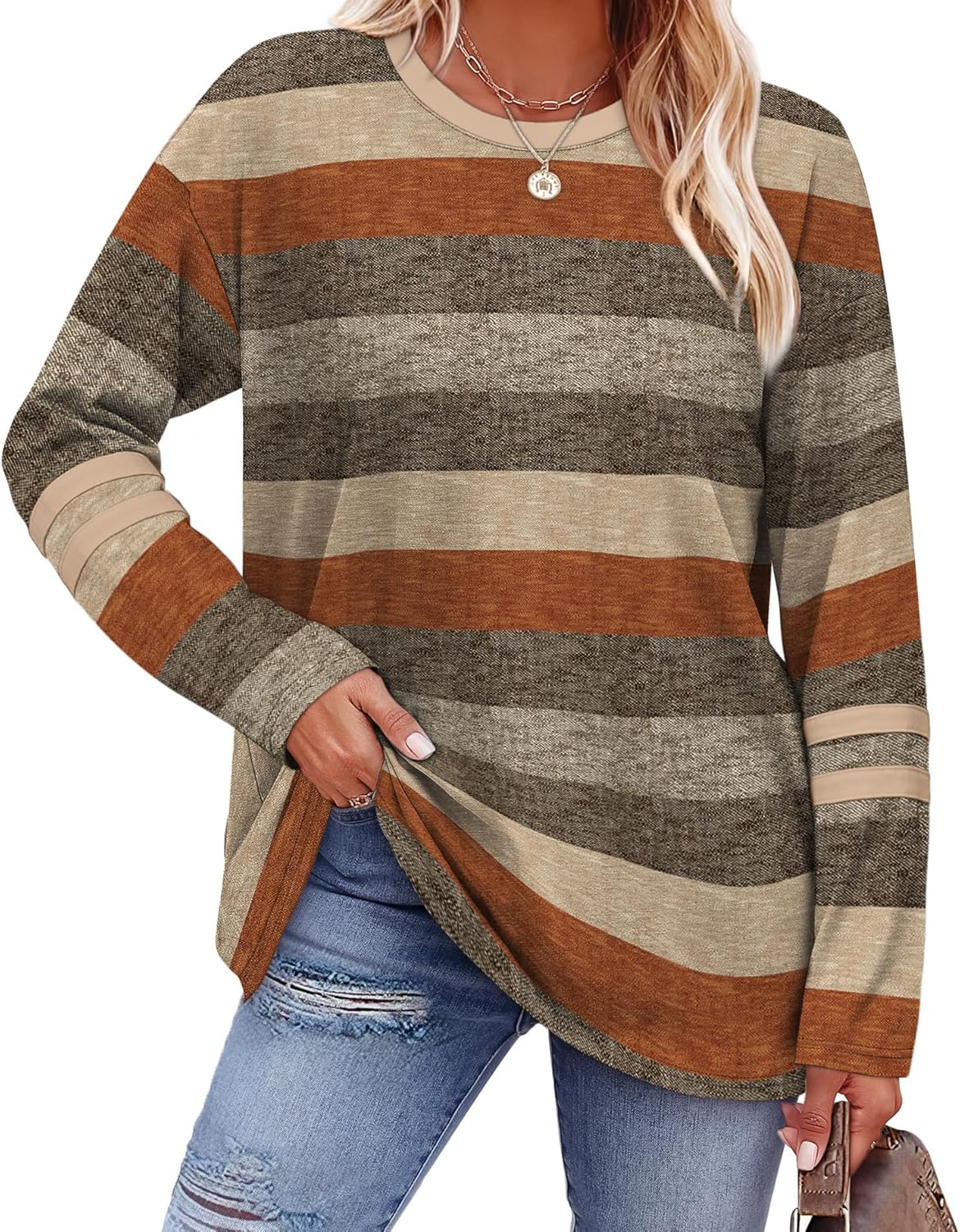 Sampeel Long Sleeve Shirts for Women Color Block Casual Tops Fall Outfits 2025 Basic Tees Trendy Clothes