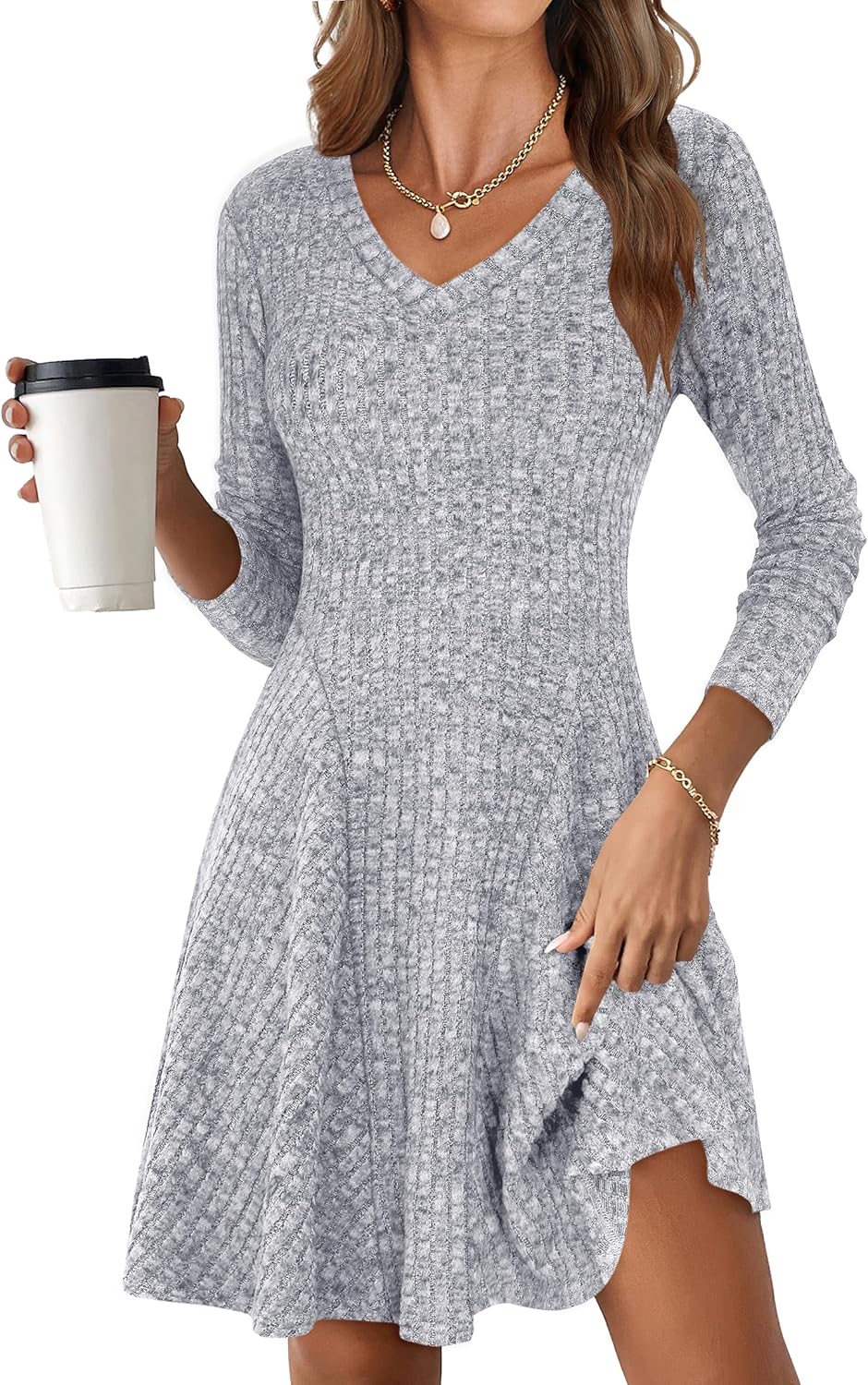 ANRABESS Women Long Sleeve Ribbed Knit Short Dresses 2025 Fall Winter V Neck Casual Swing A Line Sweater Dress