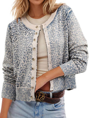 Leopard Cardigan Open Front Button Up Sweaters for Women Long Sleeve Shrug Cheetah Print Top Cropped Cardigan Jackets