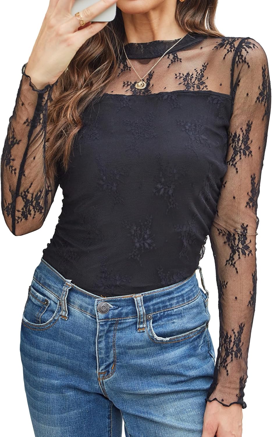 Womens Sexy Mesh Long Sleeve Shirts Fashion Clothing Turtle Necks Sheer Ruched Going Out Tops Fall Outfits Slim Fit Blouses