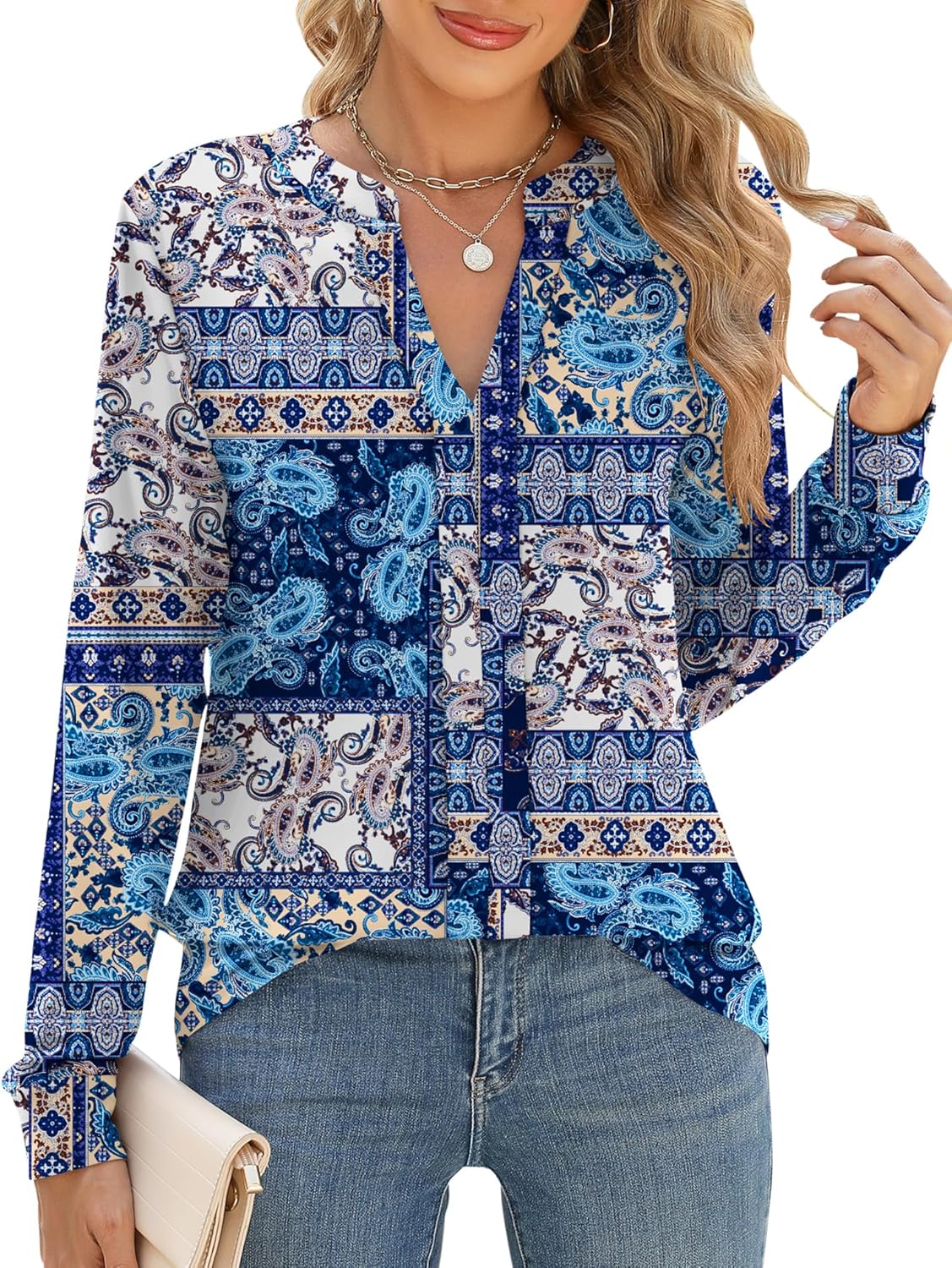 Micoson Womens Tops Dressy Casual Long Sleeve Business Knit T Shirts V Neck Pleated Work Blouses Loose Fall Trendy Clothes