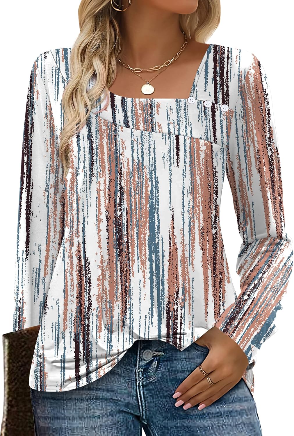 OFEEFAN Long Sleeve Shirts for Women Fall Clothes Asymmetric Square Neck Tunic Tops Decorative Buttons