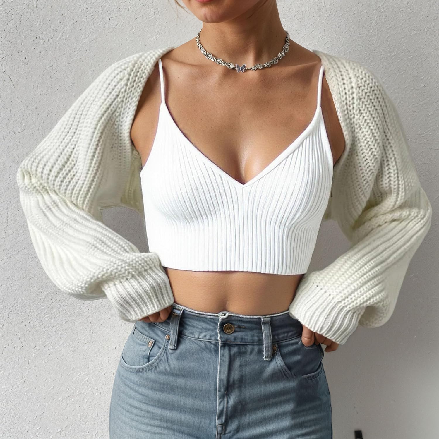 Women Open Front Ribbed Knit Crop Bolero Drop Shoulder Long Sleeve Solid Loose Fit Knitted Crop Cardigan Shrug