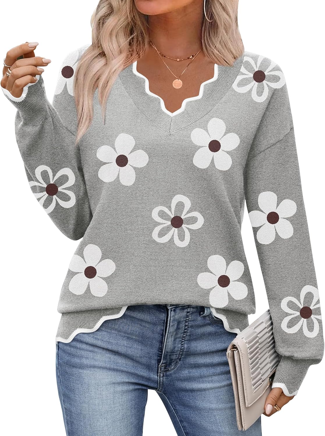 Zeagoo Women's 2025 Fall V Neck Sweater Casual Long Sleeve Lightweight Ribbed Knit Pullover Sweaters Dressy Casual Tops