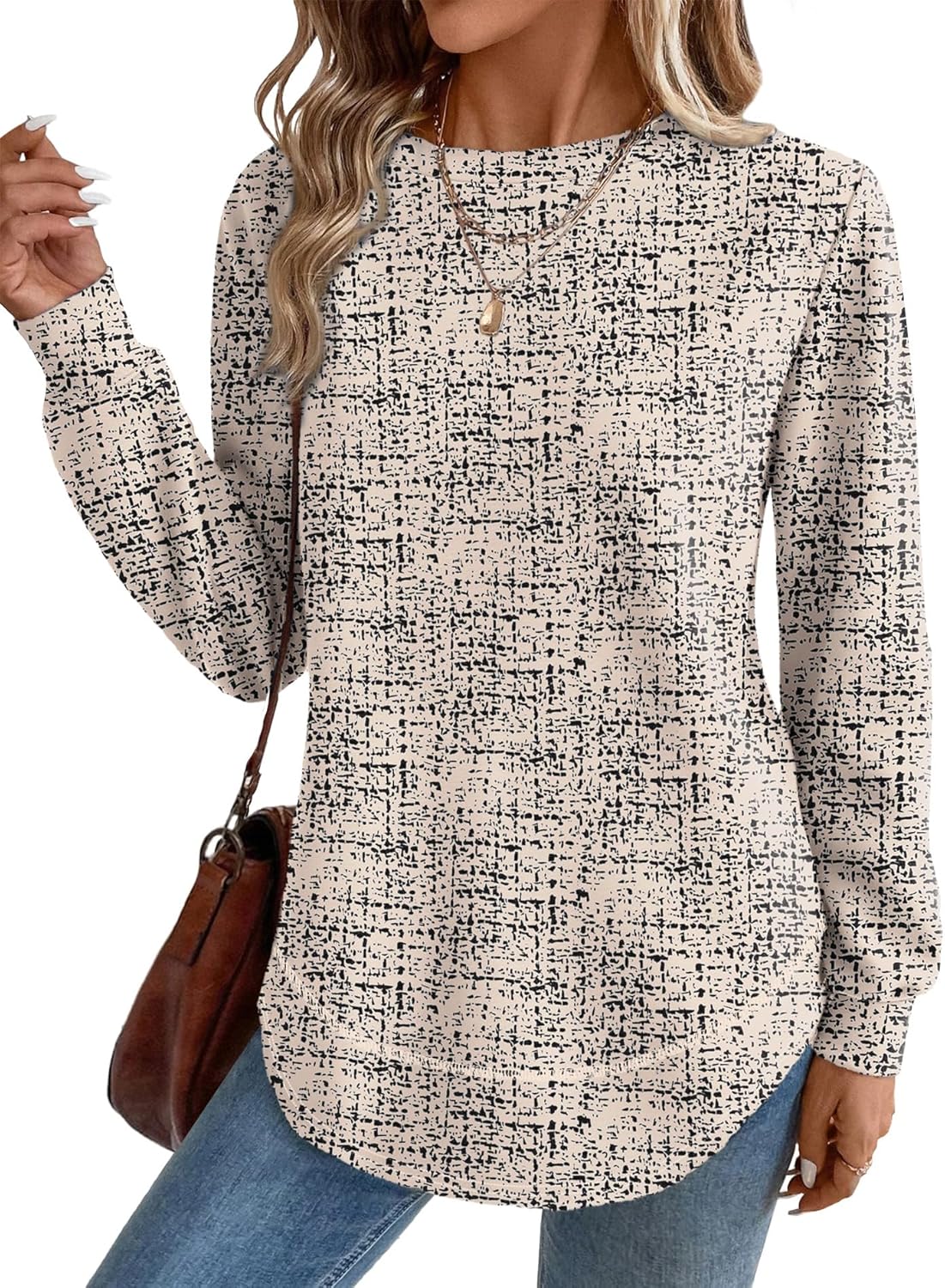 OFEEFAN Tunic Tops for Women Loose Fit Dressy Long Sleeve Shirts Womens Sweaters Crew Neck Fall Clothing with Curved Hem