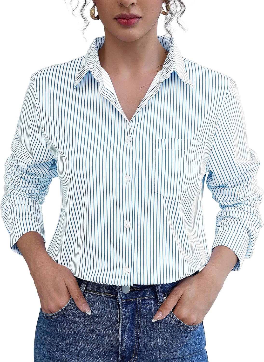 COUXILY Soft Wrinkle-Free Button Down Stretch Shirts for Women, Breathable Moisture-Wicking Casual Work Dress Tops