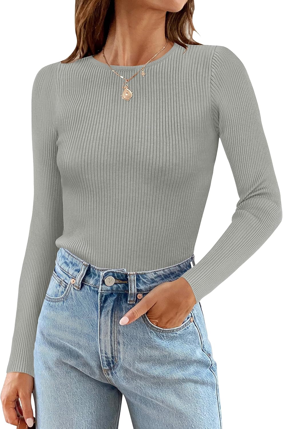 ZESICA Women's Long Sleeve Crewneck Shirts 2025 Fall Ribbed Knit Sweater Slim Fitted Casual Basic Tee Tops