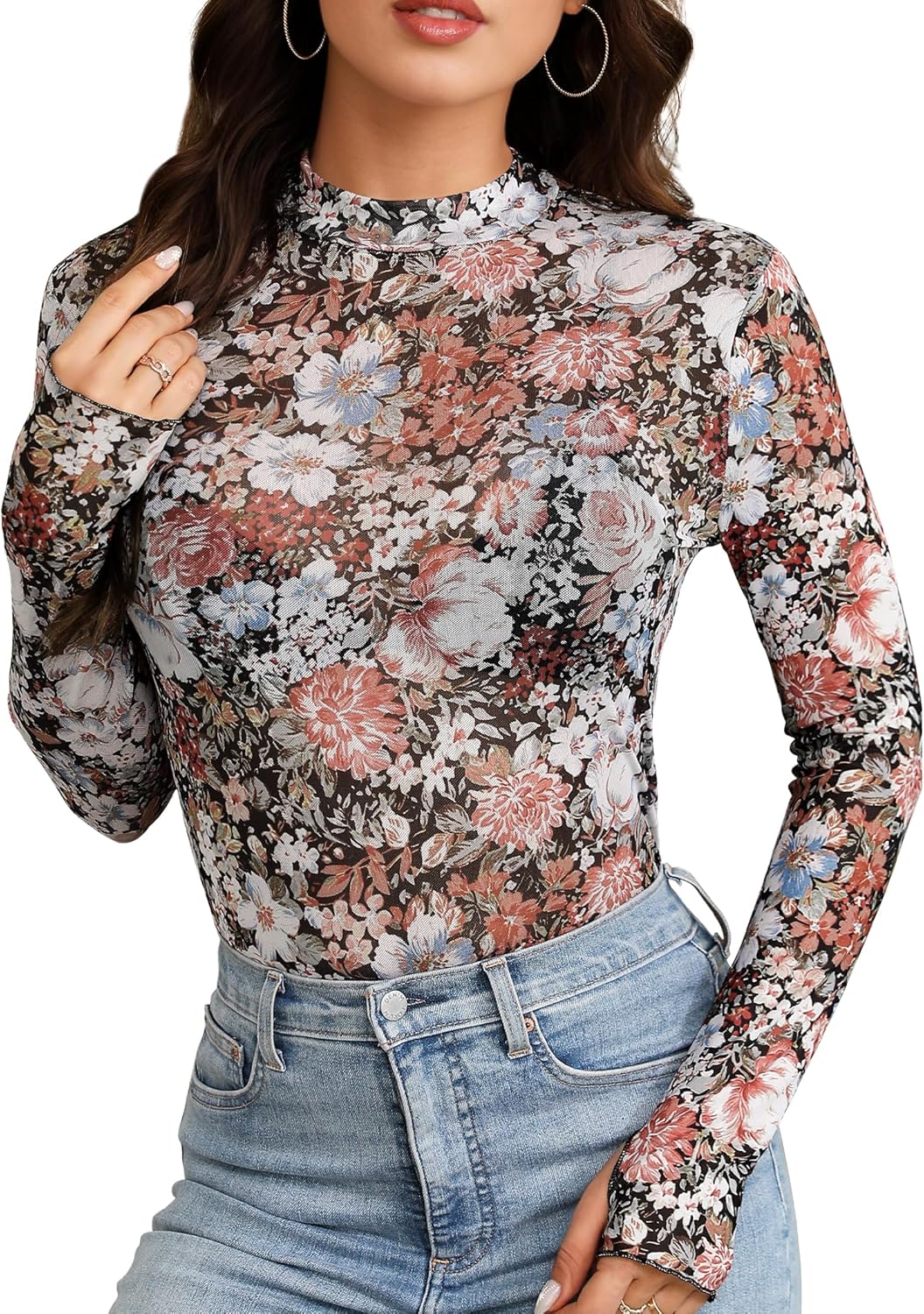 Buauty Mesh Long Sleeve Top for Women, Lace Sheer Tops See Through Mock Neck Floral Embroidery Sheer Blouce Fishnet Shirt