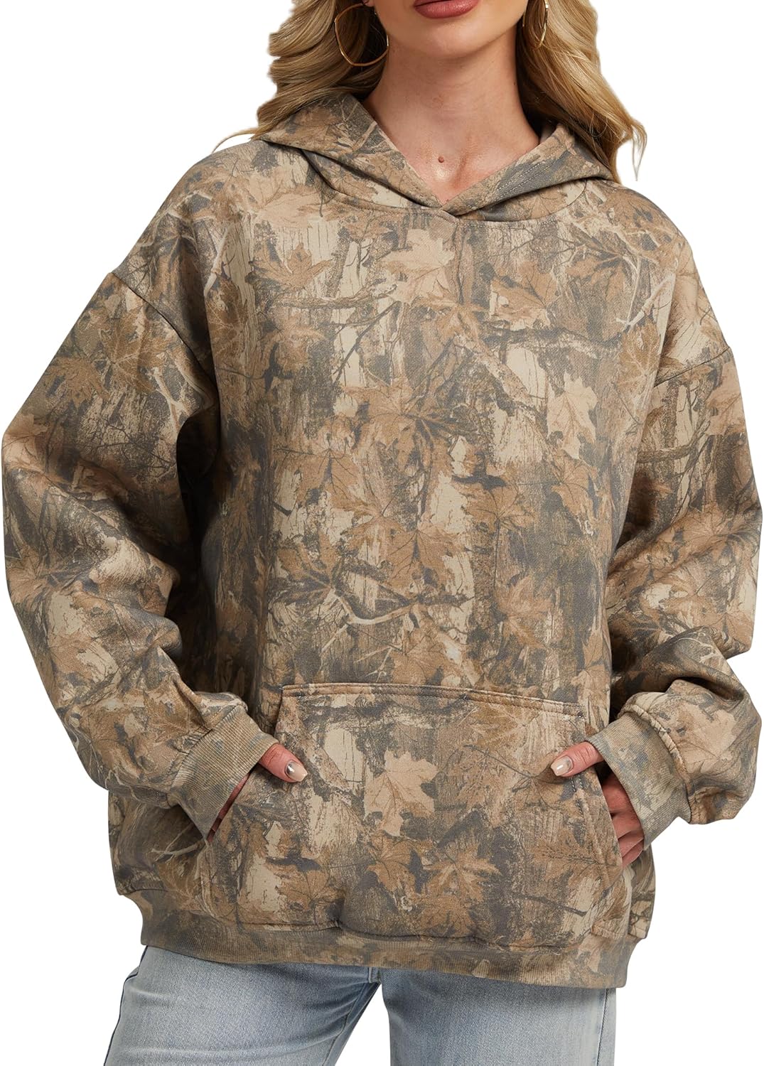 Womens Camo Hoodies Maple Leaf Print Oversized Hooded Sweatshirt Fleece Pullover Sweatshirts Long Sleeve with Pocket
