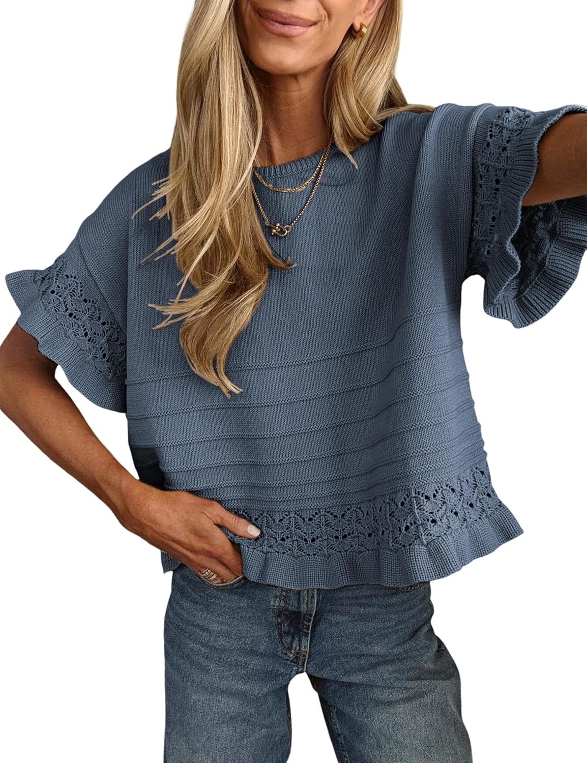 Yeokou Womens Short Sleeve Sweater Round Neck Ruffled Hem Knit Crochet Pullover Summer Fall Casual Top Blouse