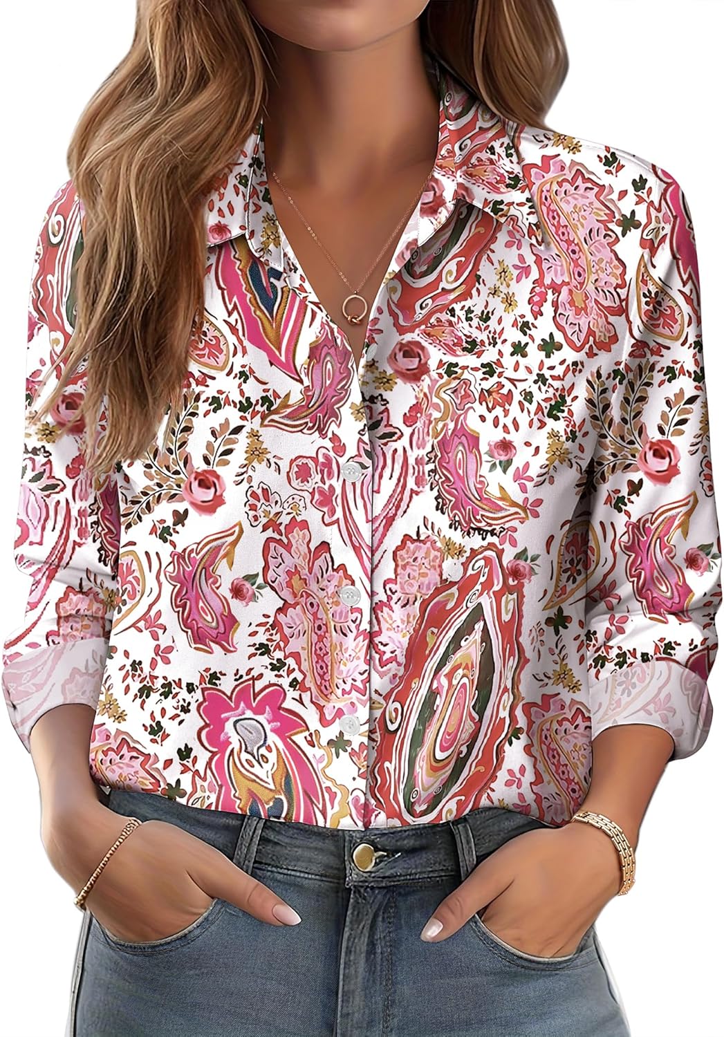 Zeagoo Button Down Shirts for Women Dressy Floral Printed Long Sleeve Blouse Business Casual Work Tops