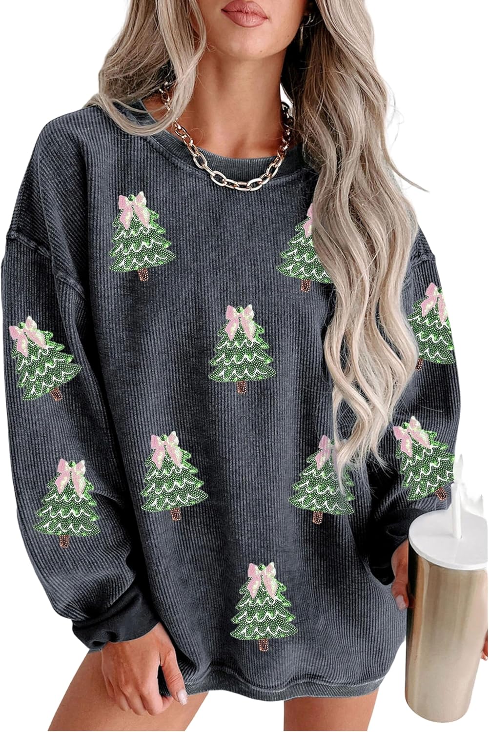 SELINK Womens Crewneck Oversized Corduroy Corded Sweatshirt Long Sleeve Casual Pullover Tops