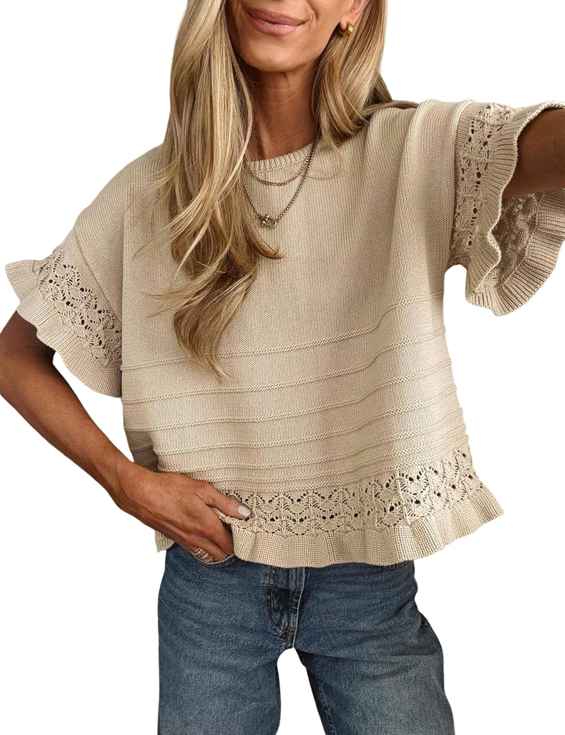 Yeokou Womens Short Sleeve Sweater Round Neck Ruffled Hem Knit Crochet Pullover Summer Fall Casual Top Blouse