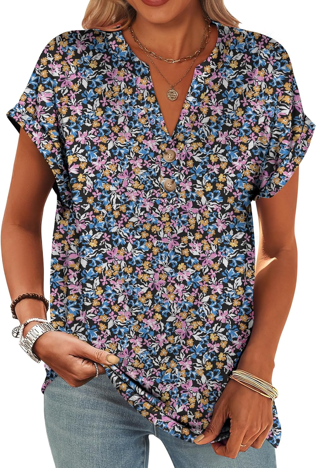 ANRABESS Womens Short Sleeve Henley Tops V Neck Dressy Casual Blouses Summer Trendy Tee Shirts 2025 Vacation Fashion Clothes