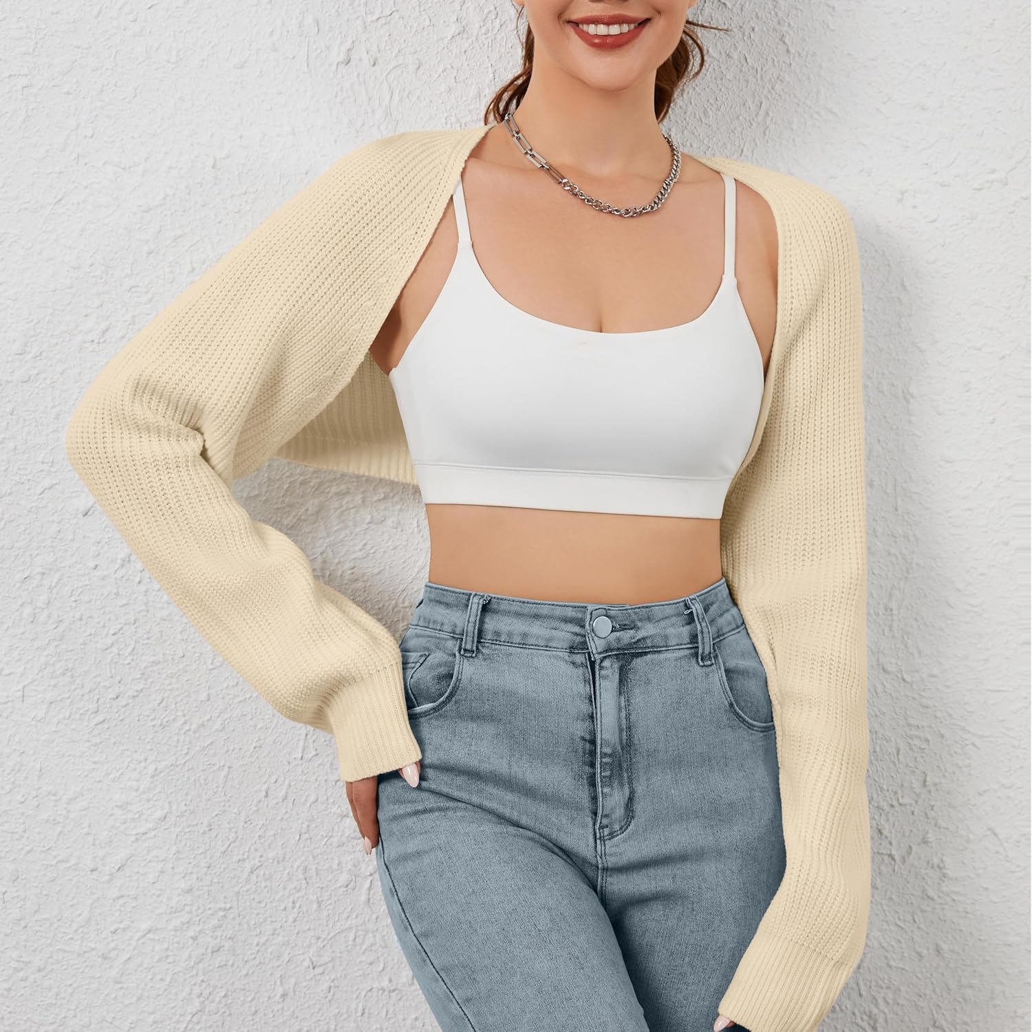 Women Open Front Ribbed Knit Crop Bolero Drop Shoulder Long Sleeve Solid Loose Fit Knitted Crop Cardigan Shrug