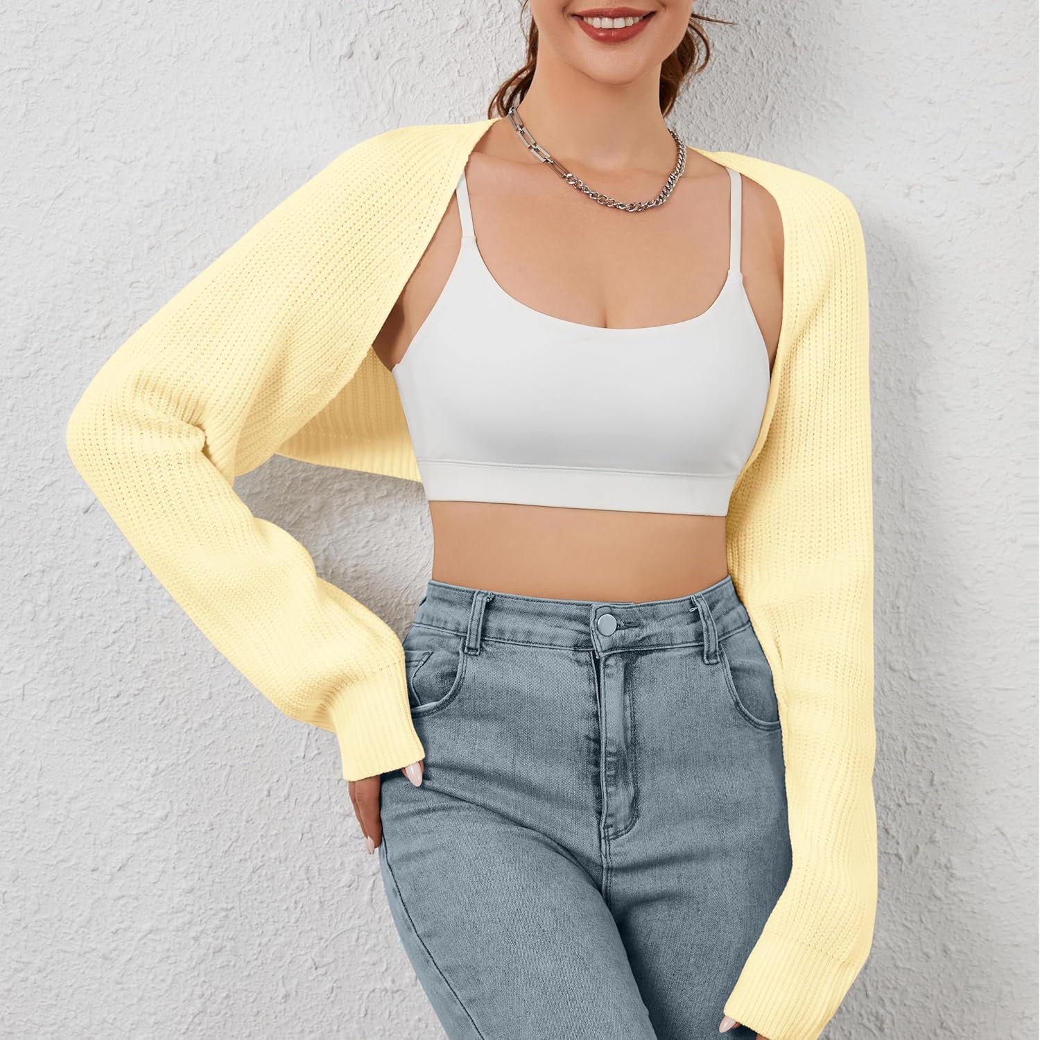 Women Open Front Ribbed Knit Crop Bolero Drop Shoulder Long Sleeve Solid Loose Fit Knitted Crop Cardigan Shrug