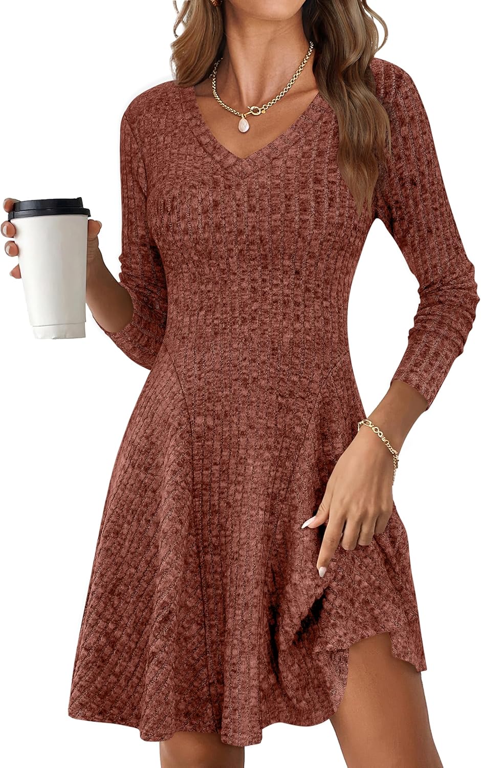 ANRABESS Women Long Sleeve Ribbed Knit Short Dresses 2025 Fall Winter V Neck Casual Swing A Line Sweater Dress