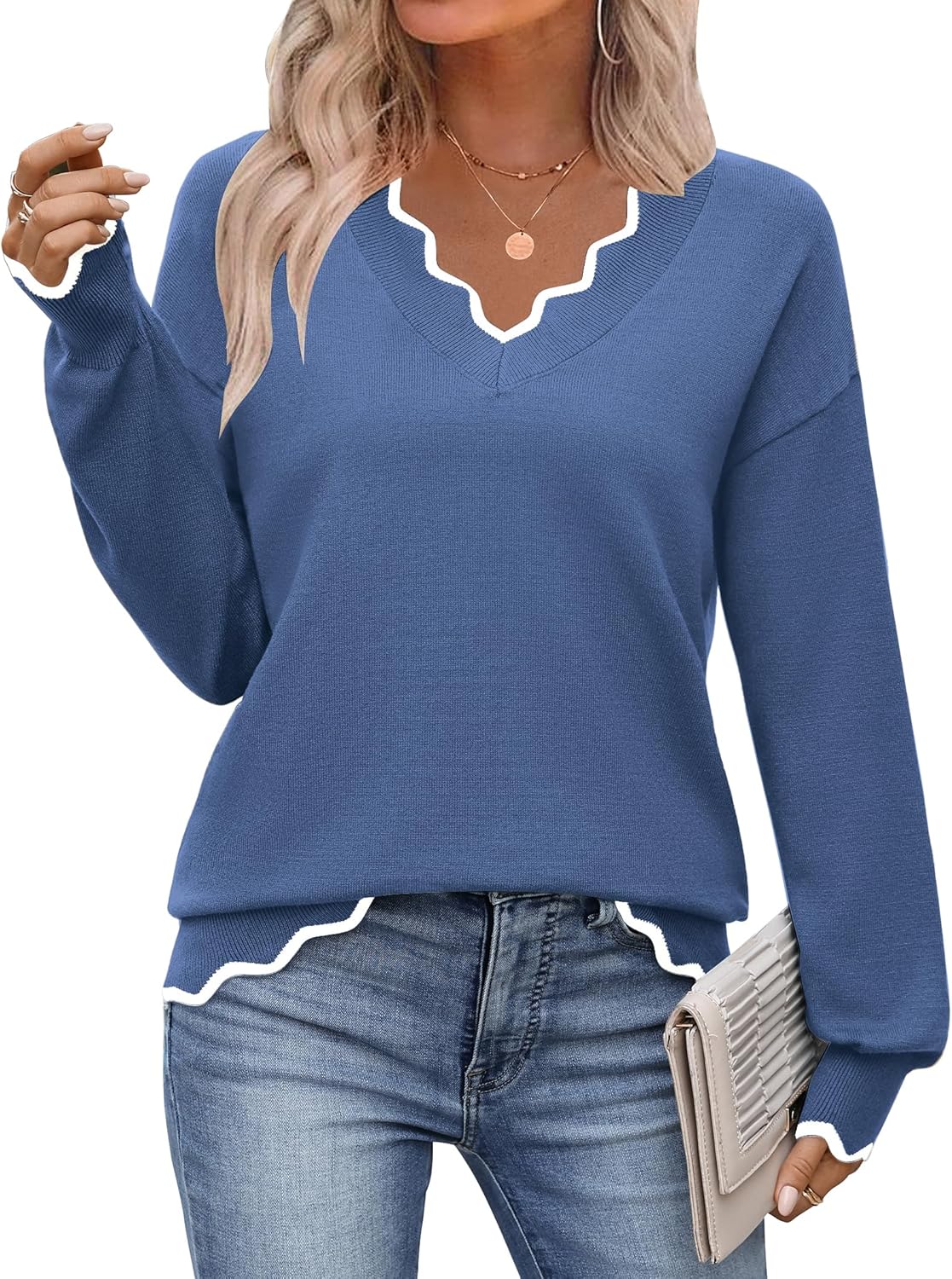 Zeagoo Women's 2025 Fall V Neck Sweater Casual Long Sleeve Lightweight Ribbed Knit Pullover Sweaters Dressy Casual Tops
