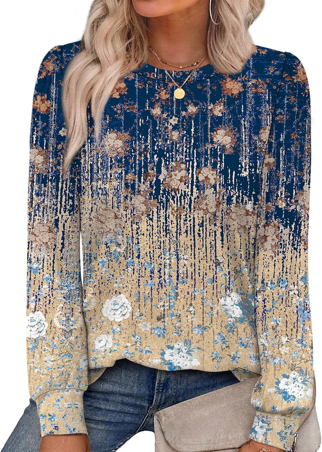 Alaroo Womens Long Sleeve Shirts 2025 Fall Tunic Tops Crewneck Blouses Print