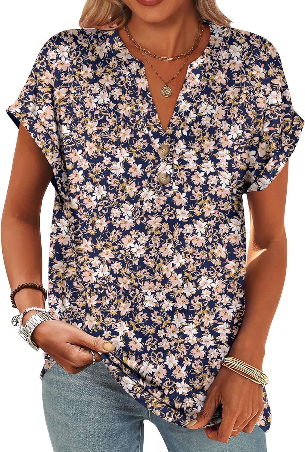 ANRABESS Womens Short Sleeve Henley Tops V Neck Dressy Casual Blouses Summer Trendy Tee Shirts 2025 Vacation Fashion Clothes