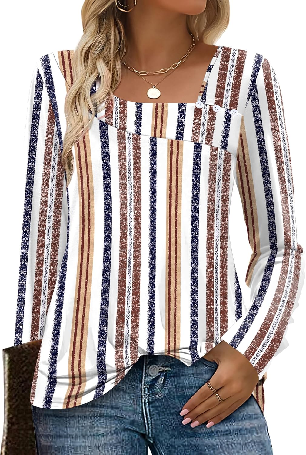 OFEEFAN Long Sleeve Shirts for Women Fall Clothes Asymmetric Square Neck Tunic Tops Decorative Buttons