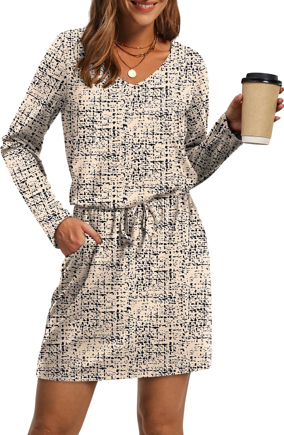 OFEEFAN Fall Dresses for Women 2025 Loose V Neck Long Sleeve T Shirts Casual Sundresses Tie Front A-Line Dresses