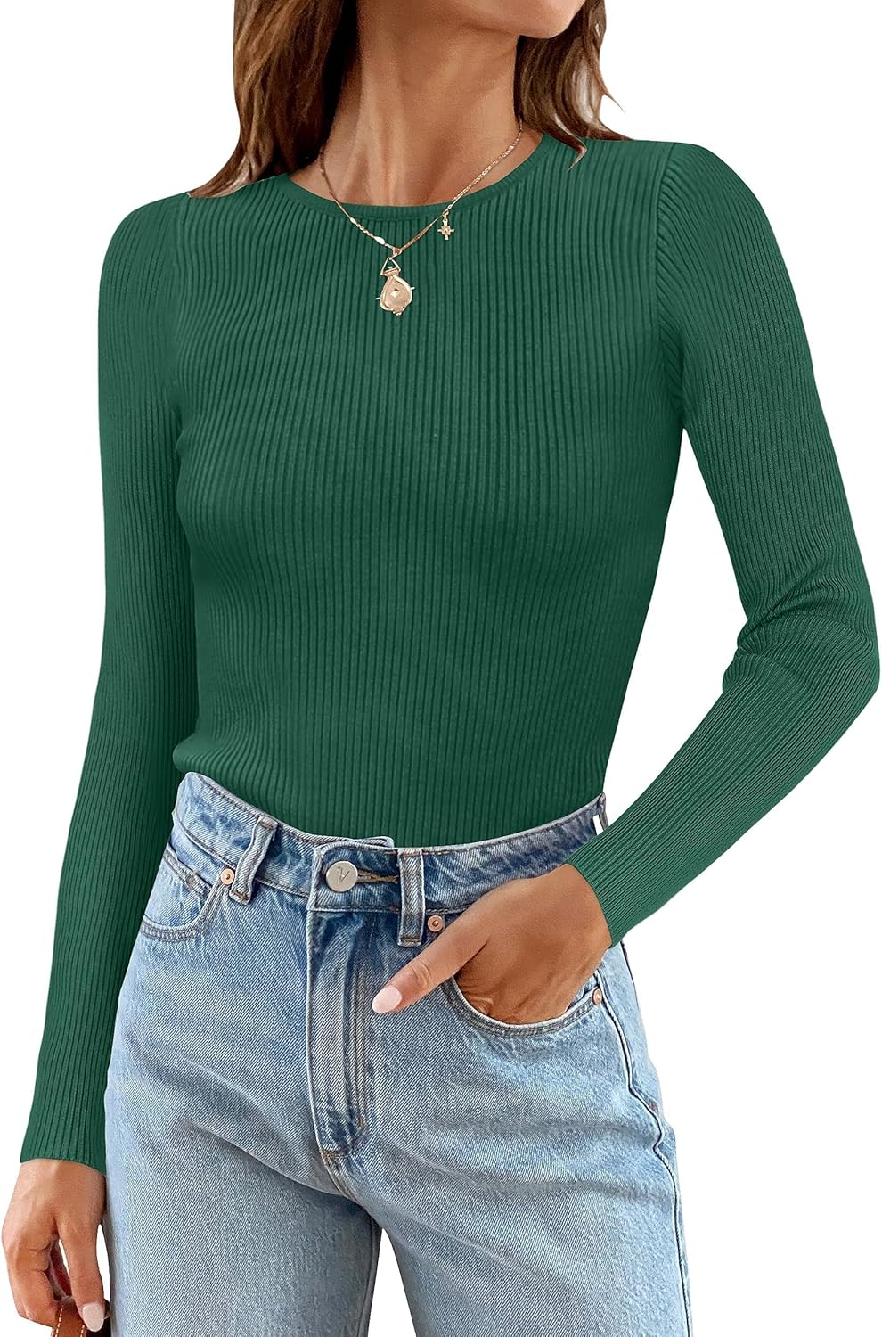 ZESICA Women's Long Sleeve Crewneck Shirts 2025 Fall Ribbed Knit Sweater Slim Fitted Casual Basic Tee Tops