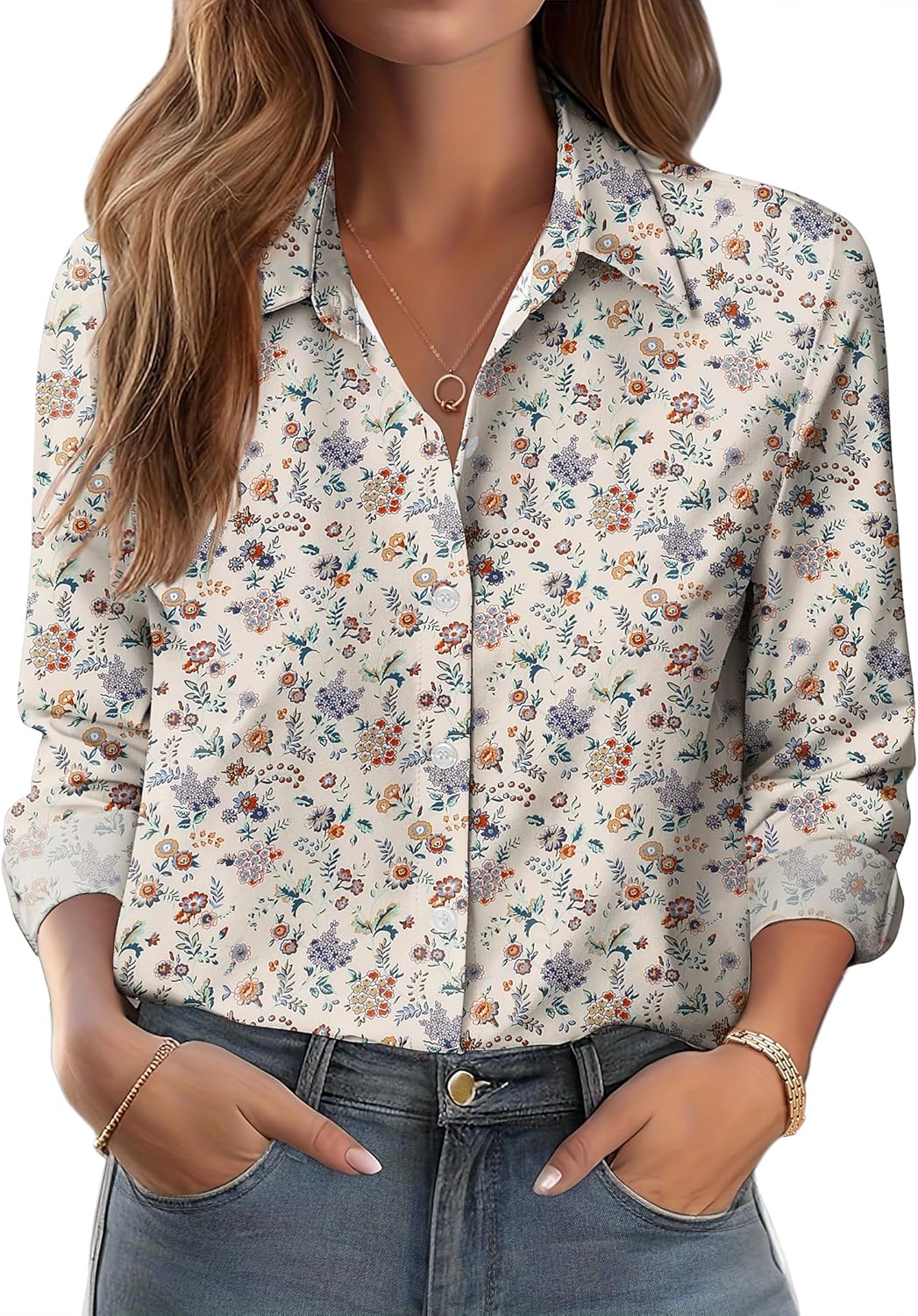 Zeagoo Button Down Shirts for Women Dressy Floral Printed Long Sleeve Blouse Business Casual Work Tops
