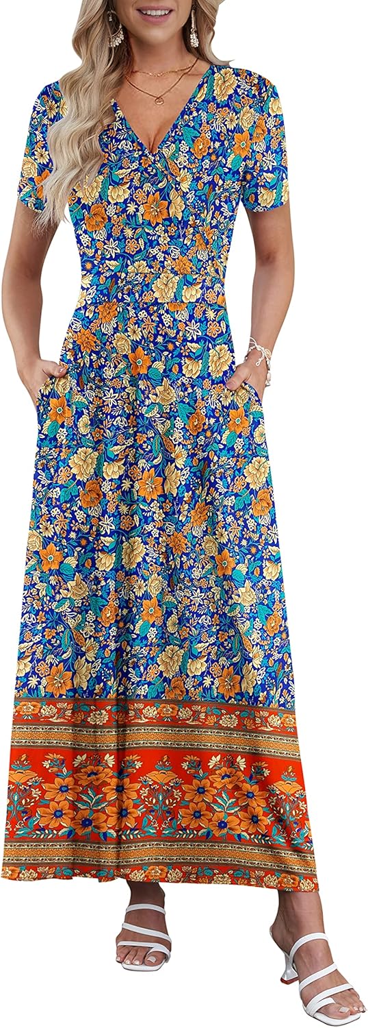 AUSELILY Maxi Dresses for Women Ankle Length Floral Print Beach Long Flowy Dress with Pockets