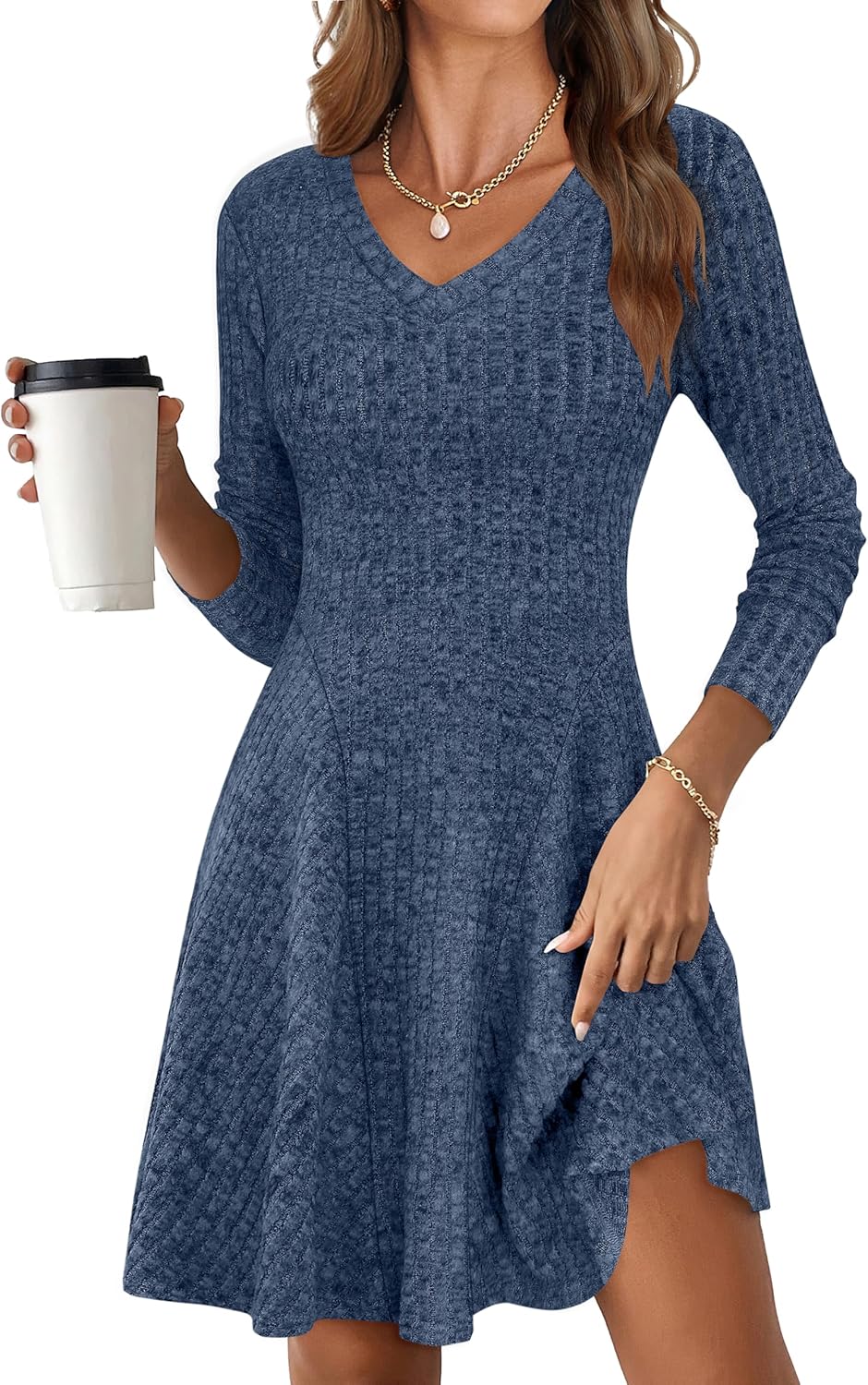 ANRABESS Women Long Sleeve Ribbed Knit Short Dresses 2025 Fall Winter V Neck Casual Swing A Line Sweater Dress