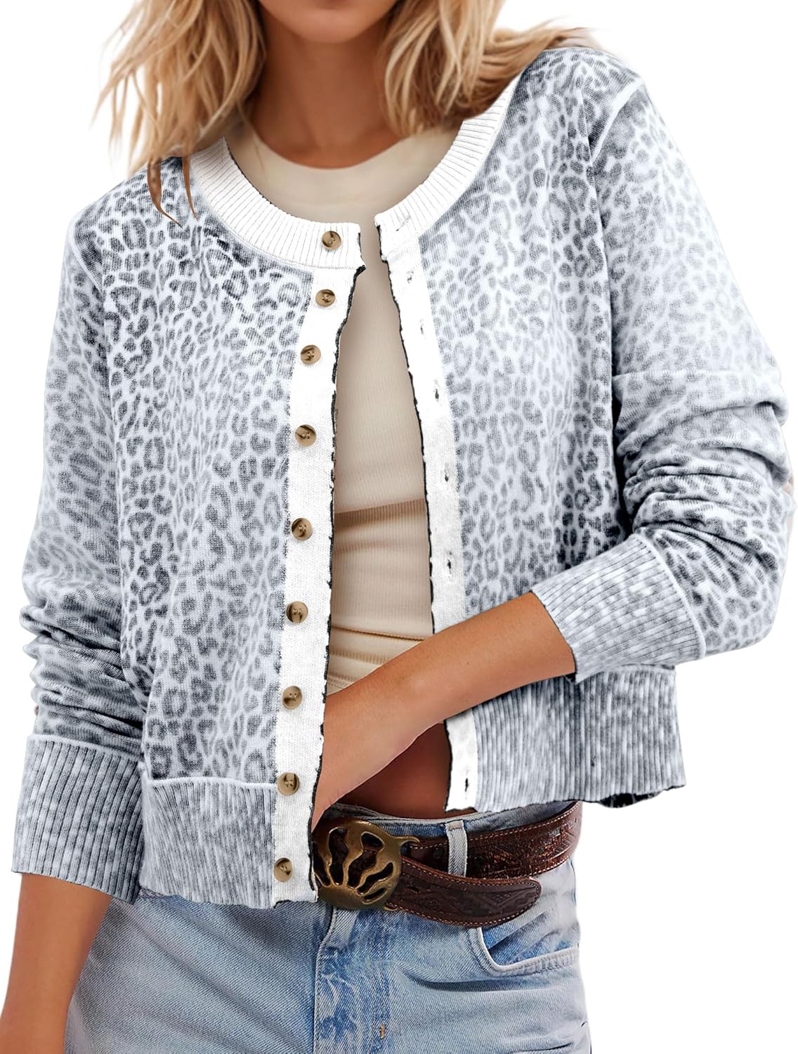Leopard Cardigan Open Front Button Up Sweaters for Women Long Sleeve Shrug Cheetah Print Top Cropped Cardigan Jackets