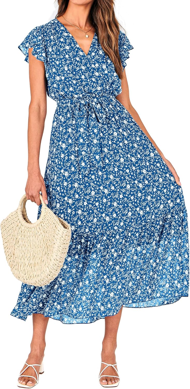BTFBM Women Summer Bohemian Floral Casual Wrap V Neck Ruffle Cap Sleeveless Belt A-Line Pleated Hem Midi Sun Dress White