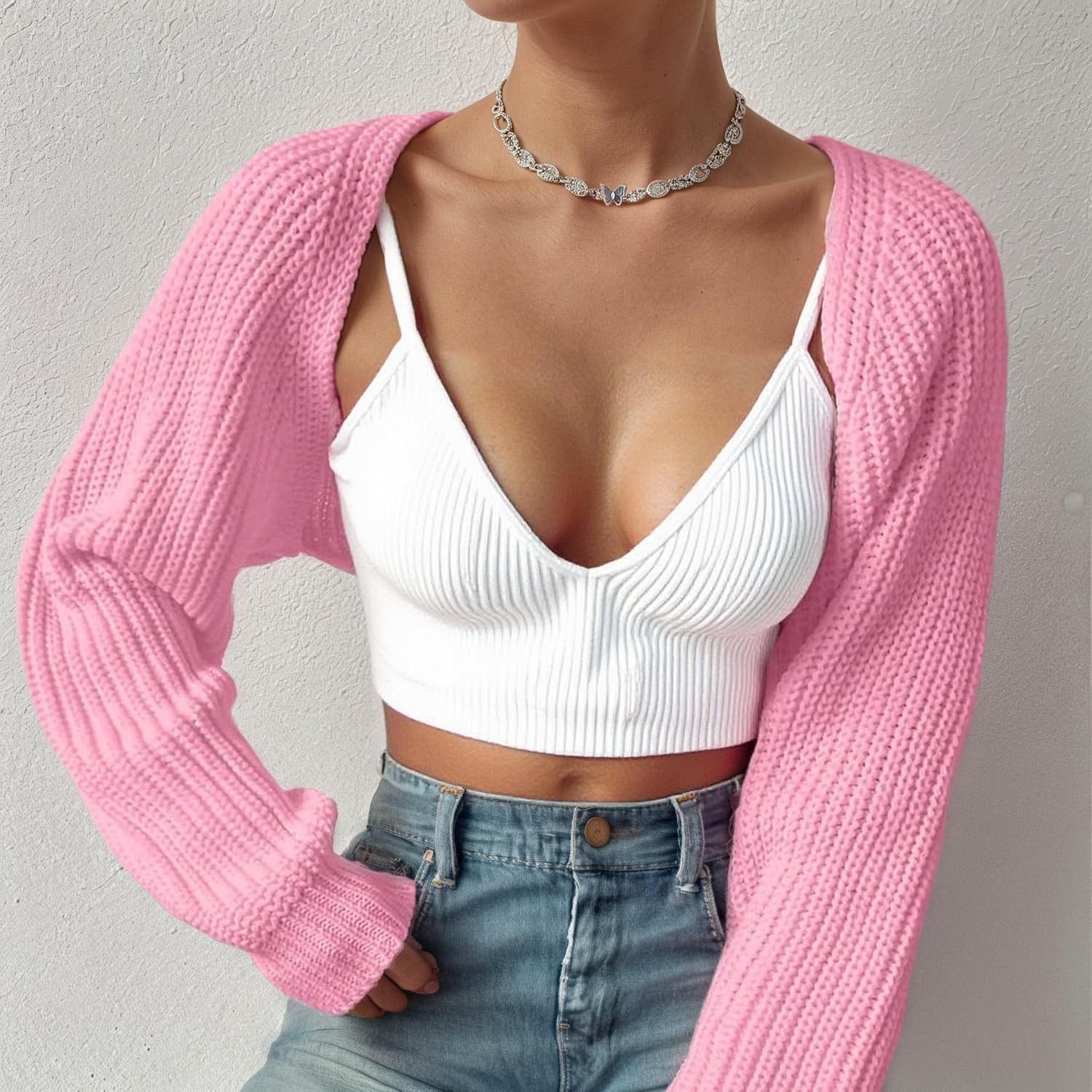 Women Open Front Ribbed Knit Crop Bolero Drop Shoulder Long Sleeve Solid Loose Fit Knitted Crop Cardigan Shrug