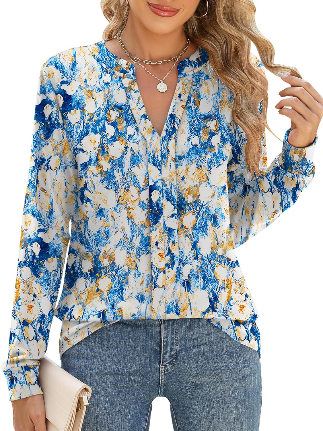 Micoson Womens Tops Dressy Casual Long Sleeve Business Knit T Shirts V Neck Pleated Work Blouses Loose Fall Trendy Clothes