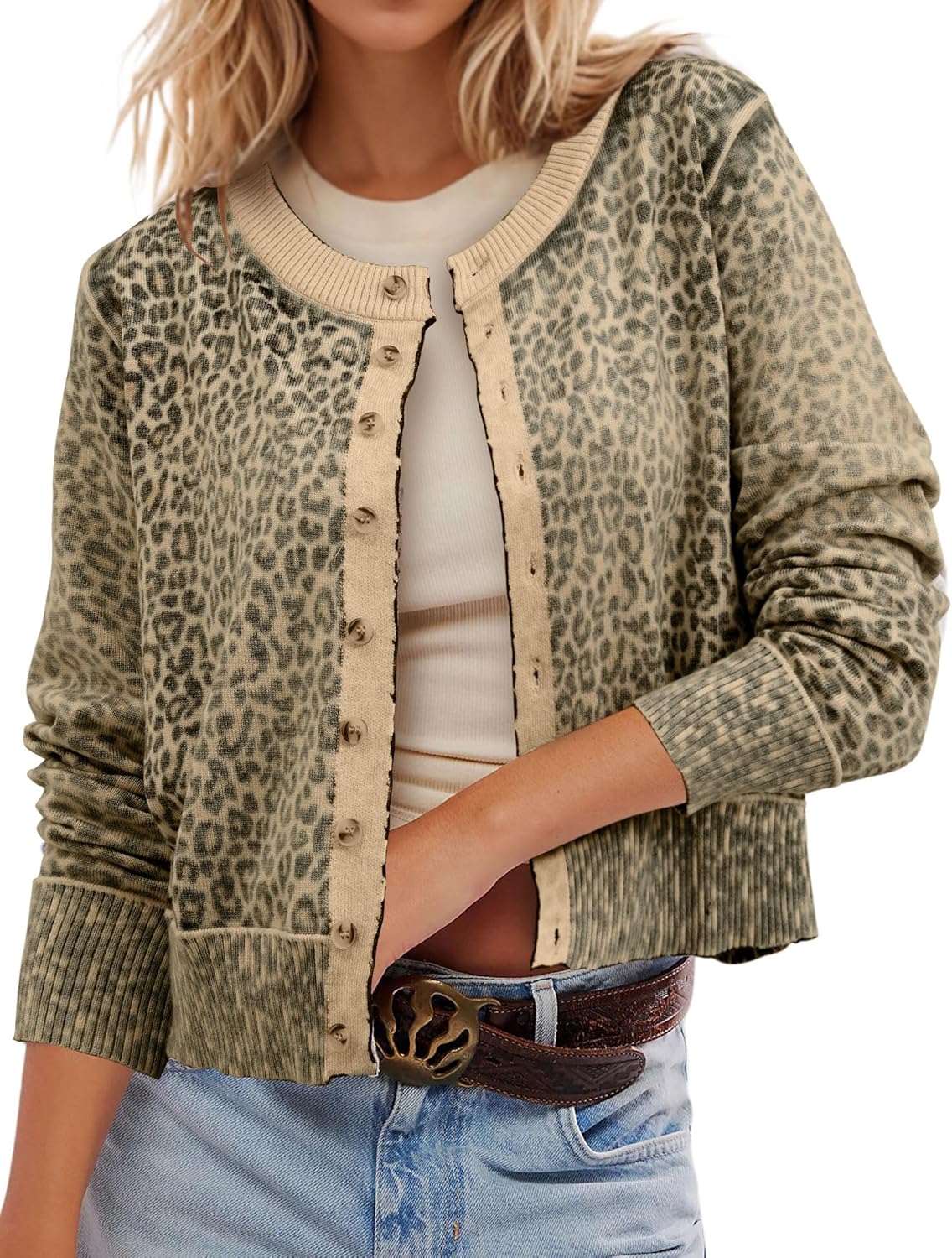Leopard Cardigan Open Front Button Up Sweaters for Women Long Sleeve Shrug Cheetah Print Top Cropped Cardigan Jackets