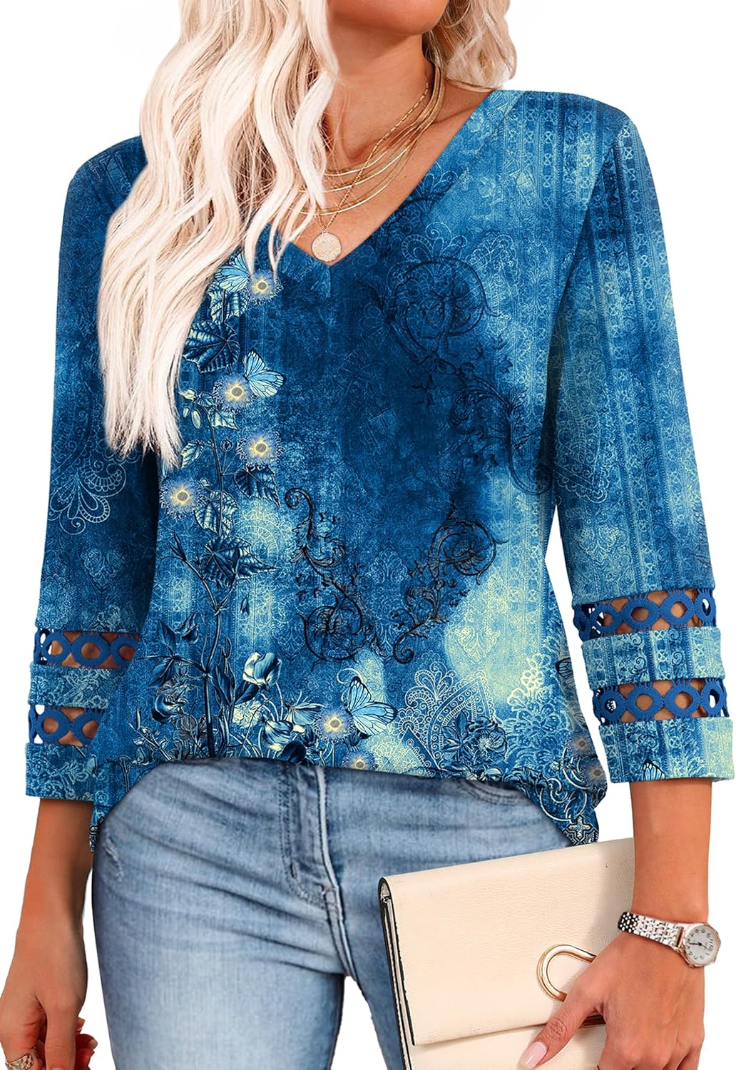 XIEERDUO 3/4 Length Sleeve Womens Tops Dressy Casual Blouses for Women 2025 Trendy V Neck T Shirts Summer Clothes