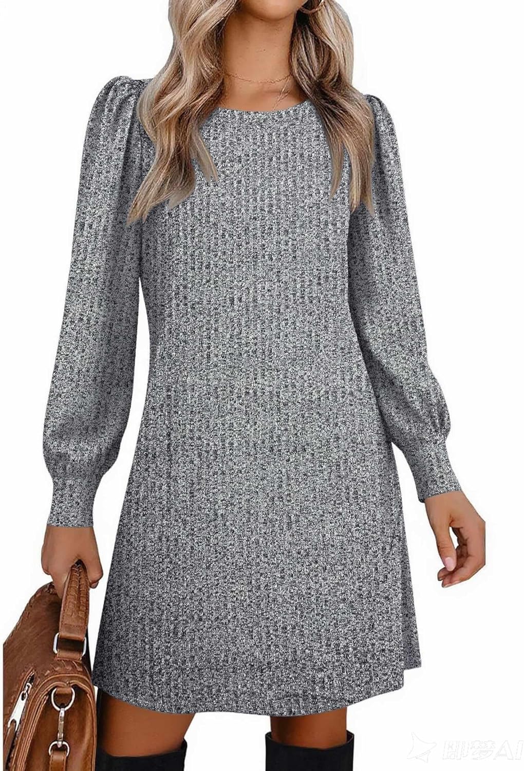 Zeagoo Women's Knit Dress with Puff Sleeves for Fall & Winter - Round Neck Casual Tunic Dress