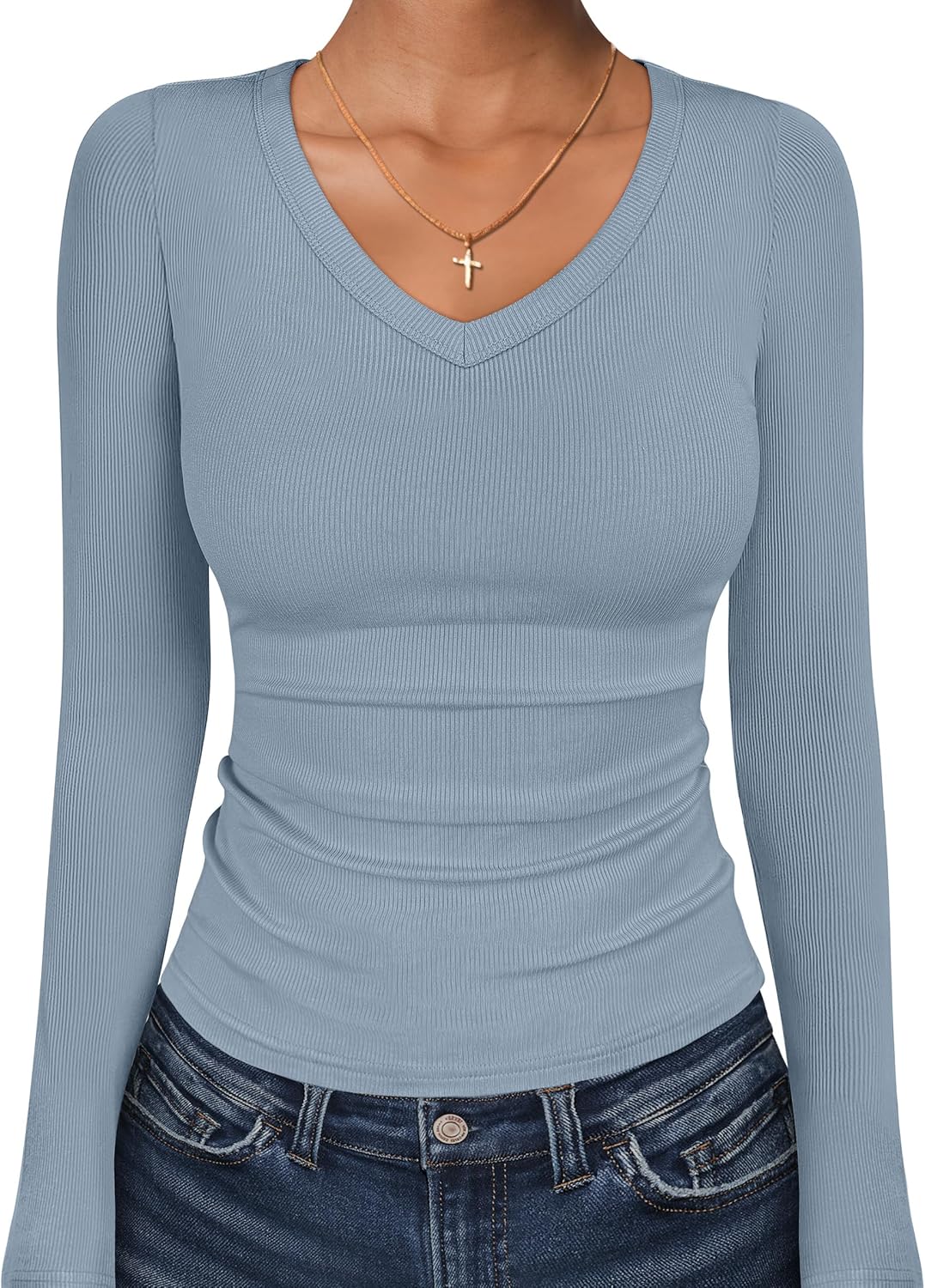 ANRABESS Long Sleeve Shirts for Women V Neck Ribbed Knit Fitted Fall Basic Tshirts Going Out Tops 2025 Casual Trendy Clothes