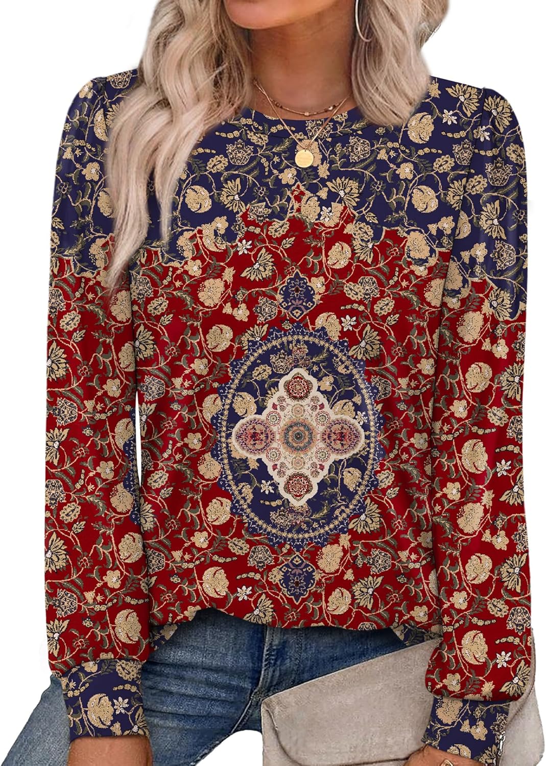 Alaroo Womens Long Sleeve Shirts 2025 Fall Tunic Tops Crewneck Blouses Print