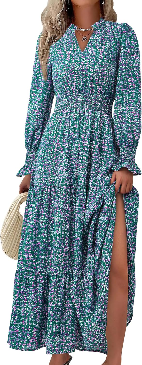 PRETTYGARDEN Women's Floral Maxi Dress 2025 Fall Long Sleeve V Neck Casual A Line Long Flowy Boho Party Dresses