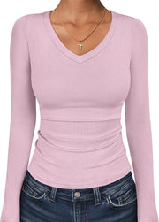 ANRABESS Long Sleeve Shirts for Women V Neck Ribbed Knit Fitted Fall Basic Tshirts Going Out Tops 2025 Casual Trendy Clothes