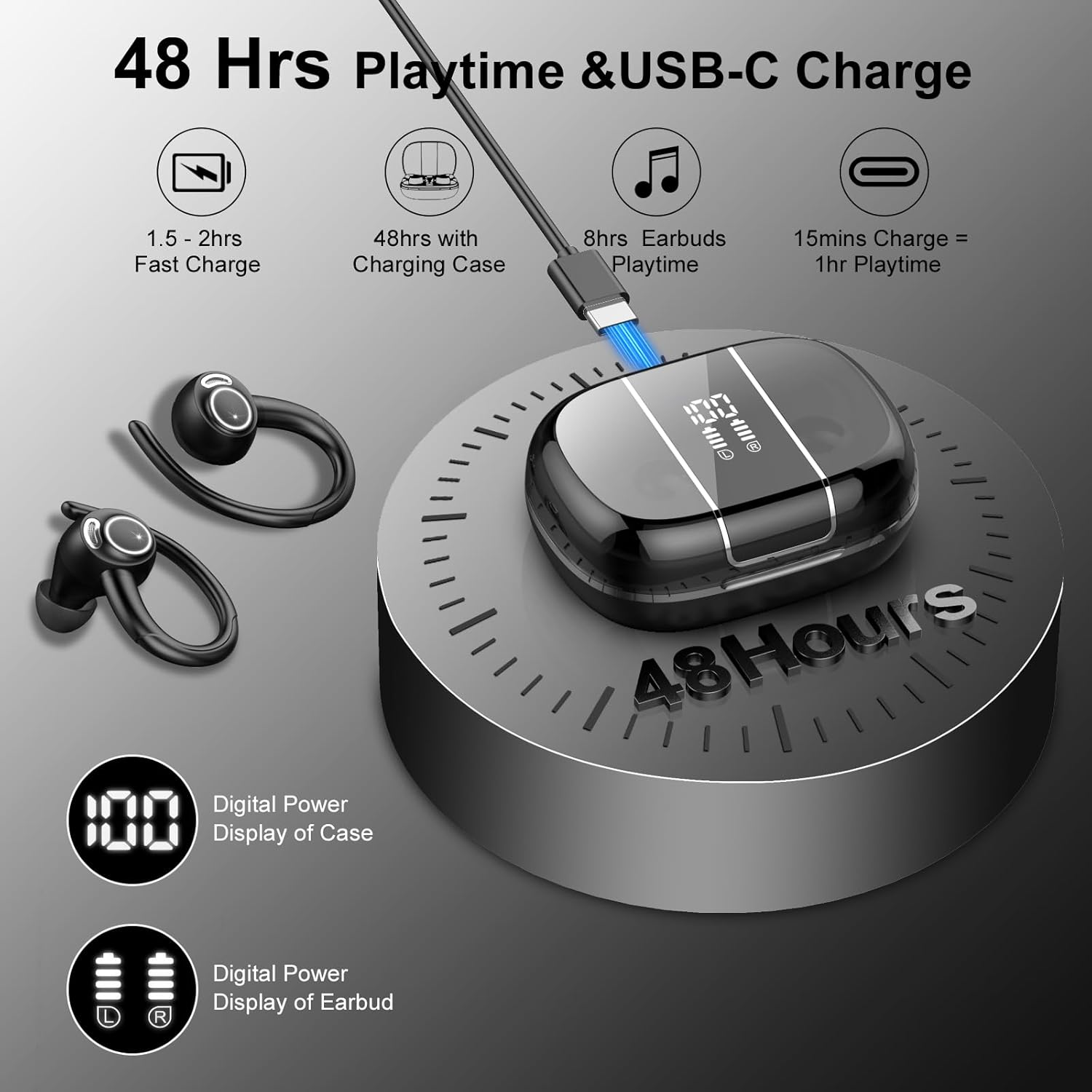 Wireless Earbuds Bluetooth 5.3 - VKROBAG V90 Sports - 48Hrs Playtime IP7 Waterproof